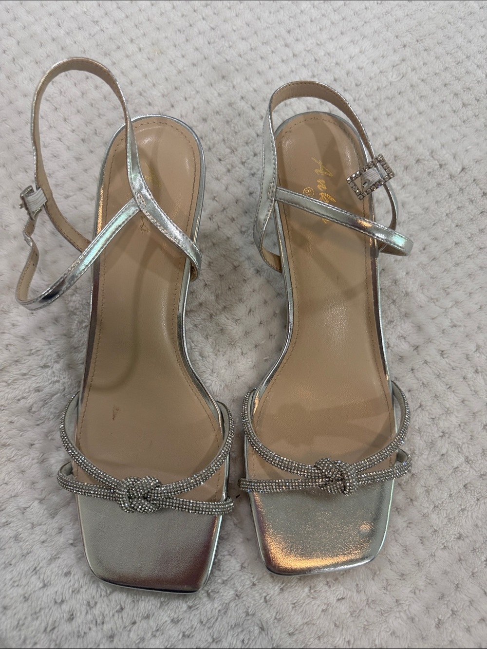 Silver Metallic Knotted Strap Slingback Heels